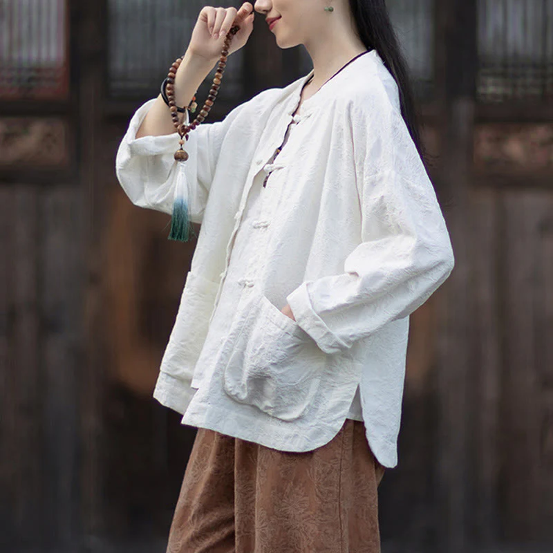Buddha Stones Fall Jacquard Camicia a maniche lunghe con bottoni a rana da donna, pantaloni, abbigliamento in cotone e lino - Image 18