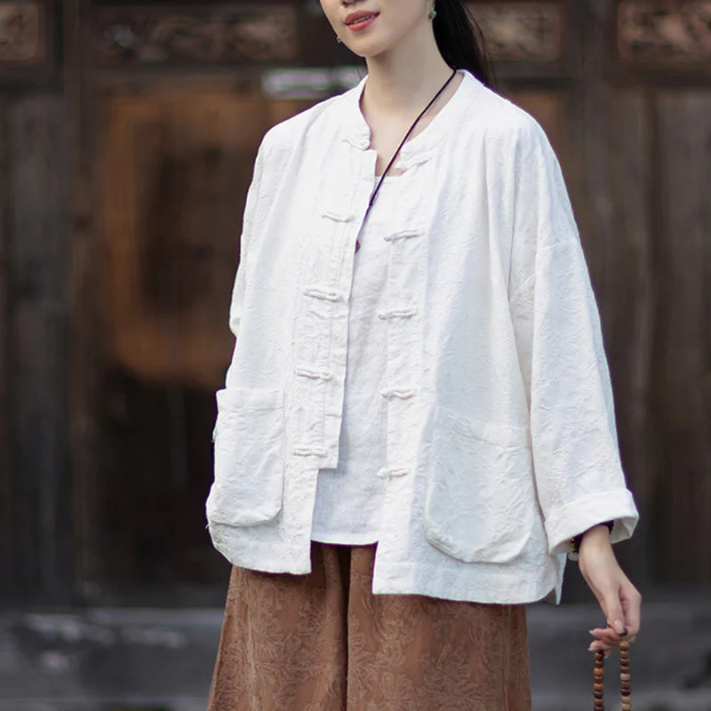 Buddha Stones Fall Jacquard Camicia a maniche lunghe con bottoni a rana da donna, pantaloni, abbigliamento in cotone e lino - Image 19
