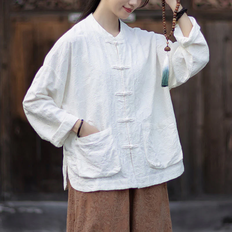 Buddha Stones Fall Jacquard Camicia a maniche lunghe con bottoni a rana da donna, pantaloni, abbigliamento in cotone e lino - Image 20