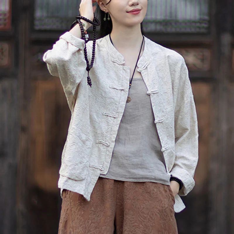 Buddha Stones Fall Jacquard Camicia a maniche lunghe con bottoni a rana da donna, pantaloni, abbigliamento in cotone e lino - Image 25