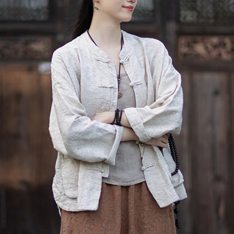Buddha Stones Fall Jacquard Camicia a maniche lunghe con bottoni a rana da donna, pantaloni, abbigliamento in cotone e lino - Image 27