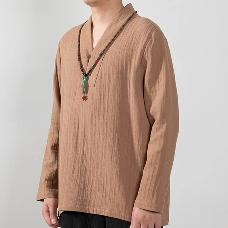 Buddha Stones Fall Simple V-Neck Manica Lunga T-Shirt Cotone Abbigliamento Uomo - Image 2
