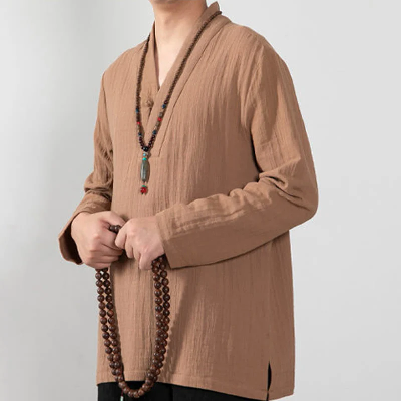 Buddha Stones Fall Simple V-Neck Manica Lunga T-Shirt Cotone Abbigliamento Uomo - Image 6
