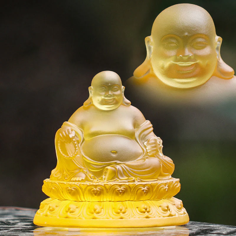 Buddha Stones fatte a mano Statua del Buddha che ride Liuli Cristallo Pezzo d'arte Statua della ricchezza Decorazione della casa