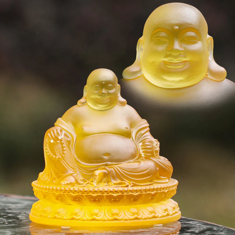 Buddha Stones fatte a mano Statua del Buddha che ride Liuli Cristallo Pezzo d'arte Statua della ricchezza Decorazione della casa - Image 7
