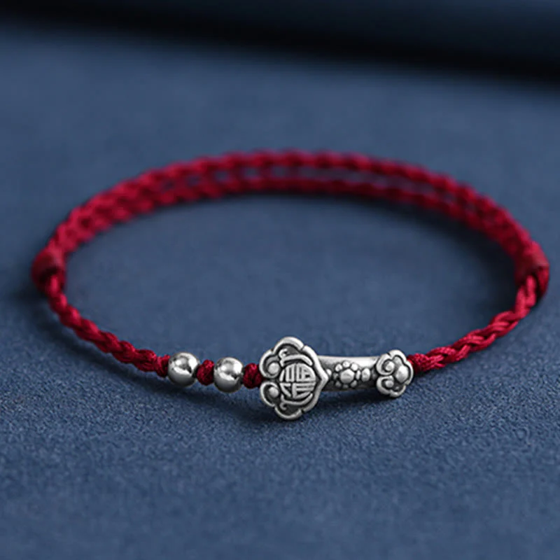 Buddha Stones Fatto a mano in argento sterling 999 Fu Character Wish Ruyi Handle Fortune Rope Bracciale Cavigliera