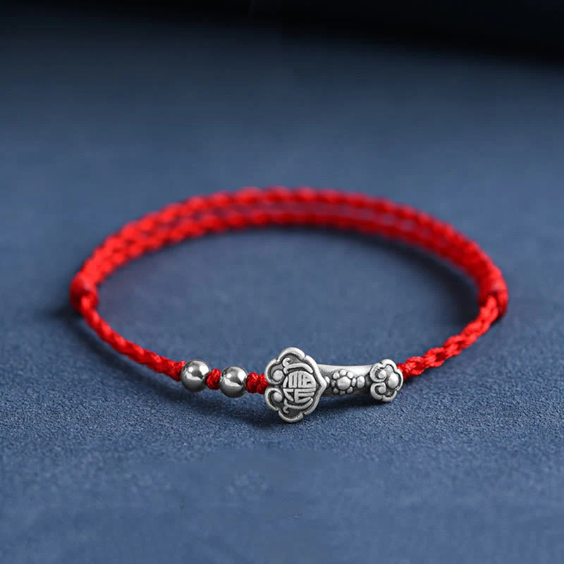 Buddha Stones Fatto a mano in argento sterling 999 Fu Character Wish Ruyi Handle Fortune Rope Bracciale Cavigliera - Image 10