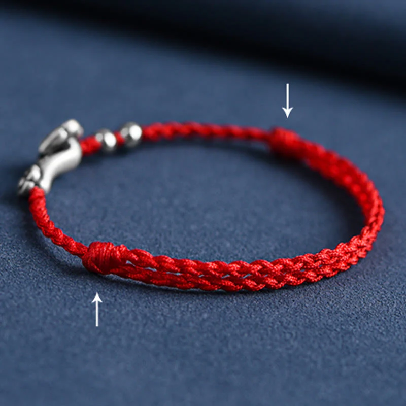 Buddha Stones Fatto a mano in argento sterling 999 Fu Character Wish Ruyi Handle Fortune Rope Bracciale Cavigliera - Image 14