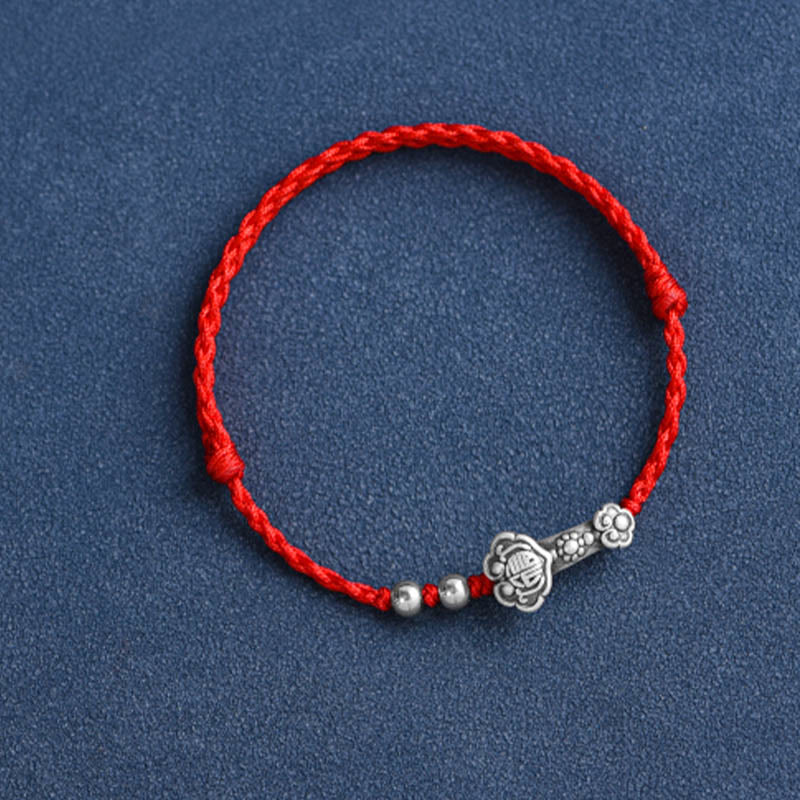 Buddha Stones Fatto a mano in argento sterling 999 Fu Character Wish Ruyi Handle Fortune Rope Bracciale Cavigliera - Image 16