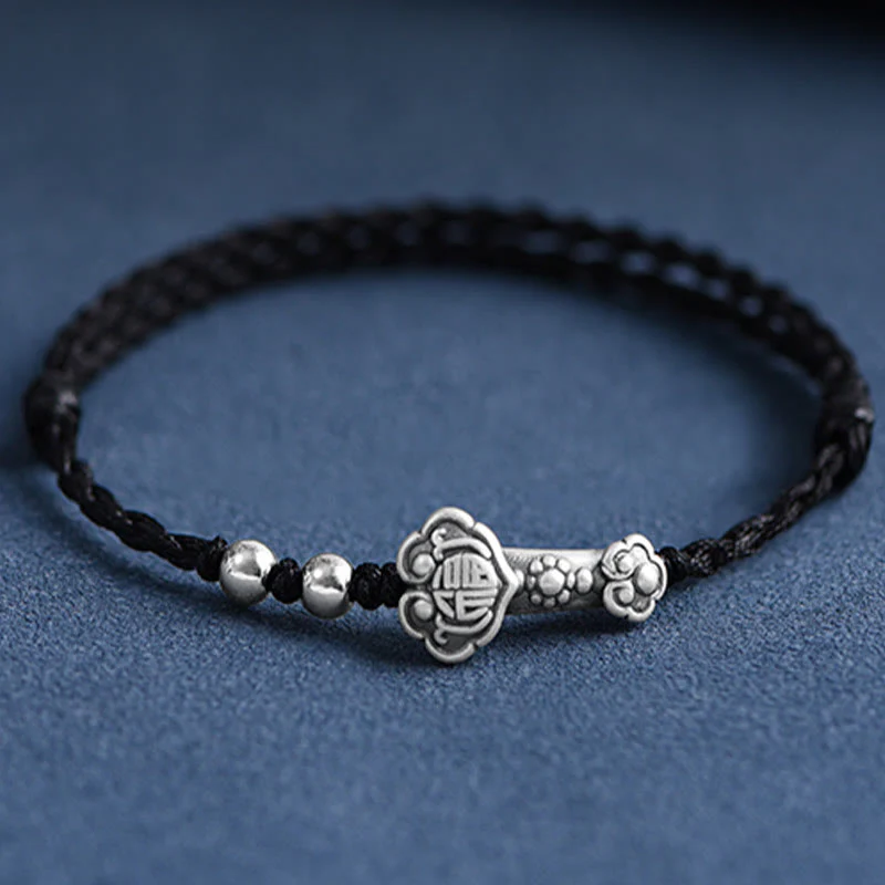 Buddha Stones Fatto a mano in argento sterling 999 Fu Character Wish Ruyi Handle Fortune Rope Bracciale Cavigliera - Image 18