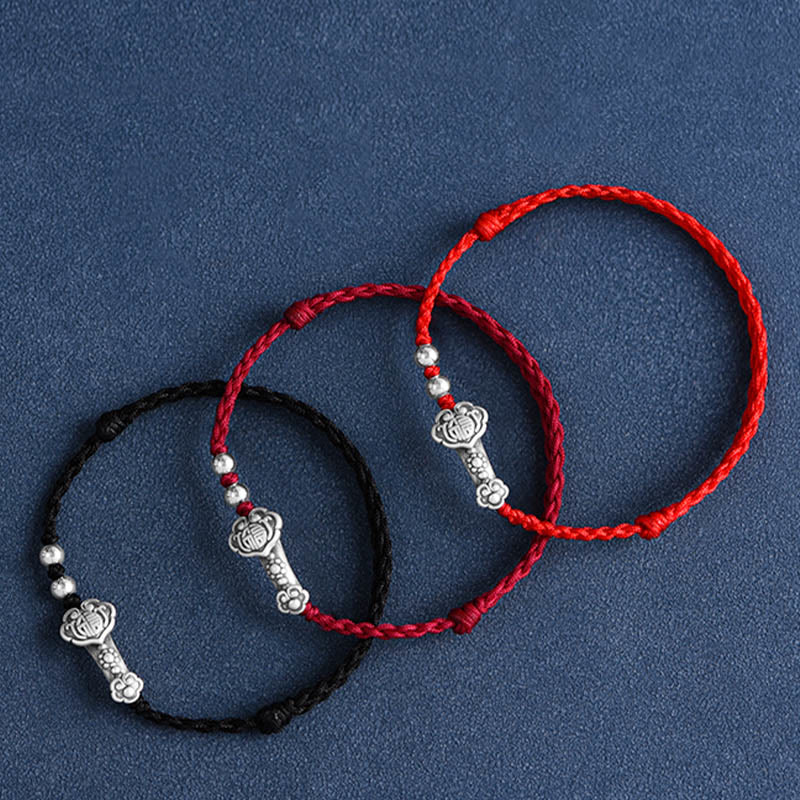 Buddha Stones Fatto a mano in argento sterling 999 Fu Character Wish Ruyi Handle Fortune Rope Bracciale Cavigliera - Image 2
