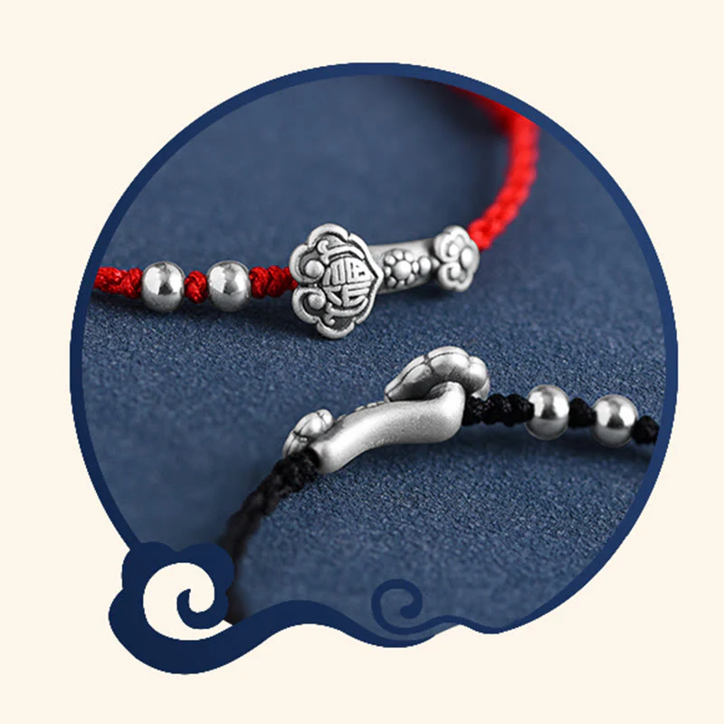 Buddha Stones Fatto a mano in argento sterling 999 Fu Character Wish Ruyi Handle Fortune Rope Bracciale Cavigliera - Image 25