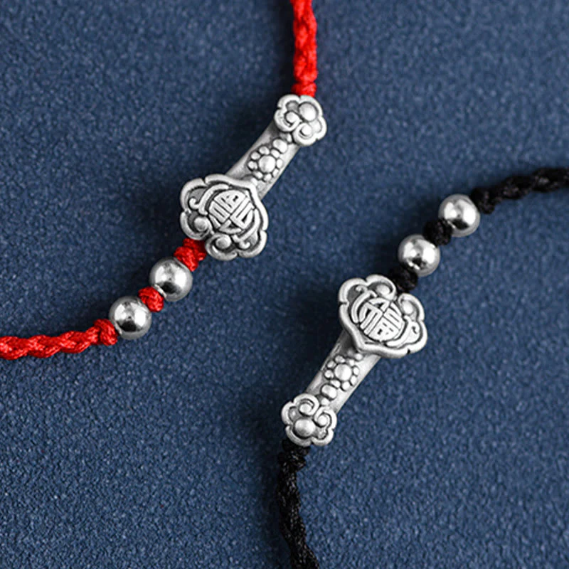 Buddha Stones Fatto a mano in argento sterling 999 Fu Character Wish Ruyi Handle Fortune Rope Bracciale Cavigliera - Image 26