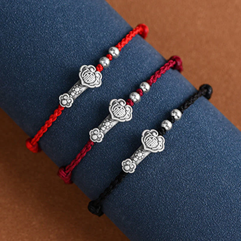 Buddha Stones Fatto a mano in argento sterling 999 Fu Character Wish Ruyi Handle Fortune Rope Bracciale Cavigliera - Image 29