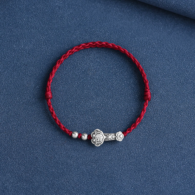 Buddha Stones Fatto a mano in argento sterling 999 Fu Character Wish Ruyi Handle Fortune Rope Bracciale Cavigliera - Image 3