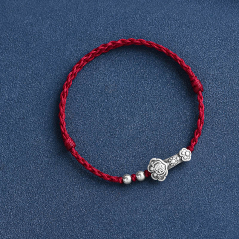Buddha Stones Fatto a mano in argento sterling 999 Fu Character Wish Ruyi Handle Fortune Rope Bracciale Cavigliera - Image 4