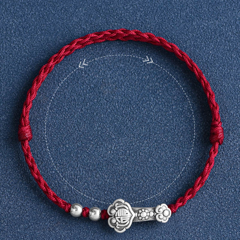 Buddha Stones Fatto a mano in argento sterling 999 Fu Character Wish Ruyi Handle Fortune Rope Bracciale Cavigliera - Image 5