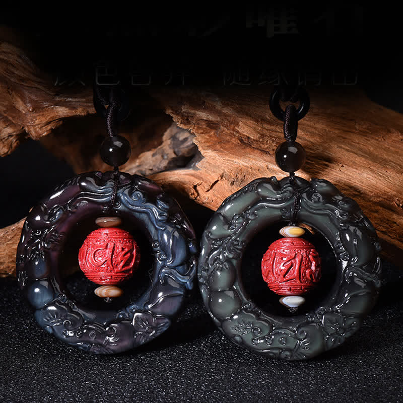 Buddha Stones FengShui Naturale Arcobaleno Ossidiana PiXiu Cinnabar Collana Pendente Guarigione - Image 7