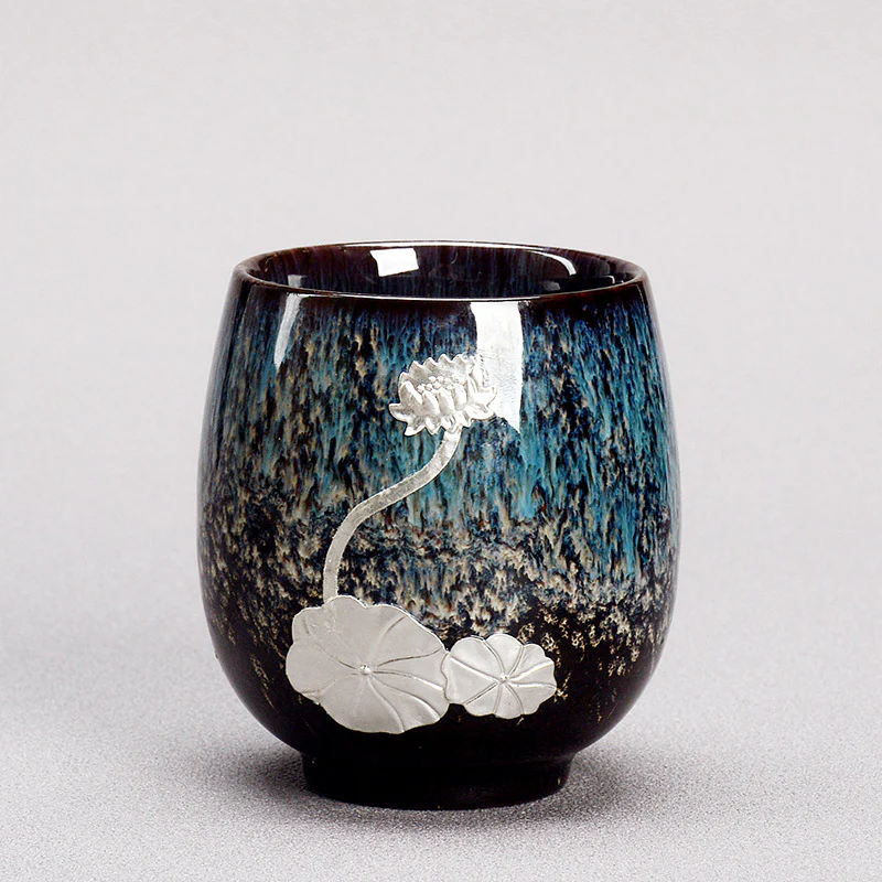 Buddha Stones Fiore di Loto d'Argento Foglia Tazza da Tè Cinese Jianzhan Ceramica Tazza da Tè Kung Fu 150ml