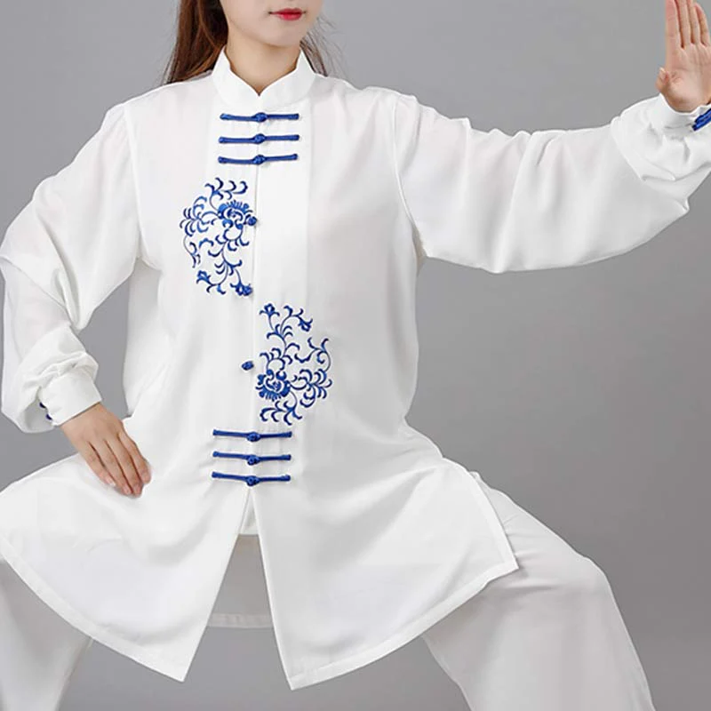 Buddha Stones Fiore Ricamo Meditazione Preghiera Spirituale Zen Tai Chi Qigong Pratica Set di Abbigliamento Unisex - Image 3