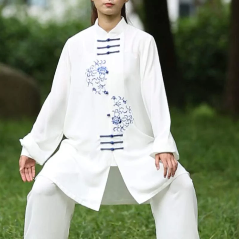 Buddha Stones Fiore Ricamo Meditazione Preghiera Spirituale Zen Tai Chi Qigong Pratica Set di Abbigliamento Unisex - Image 8