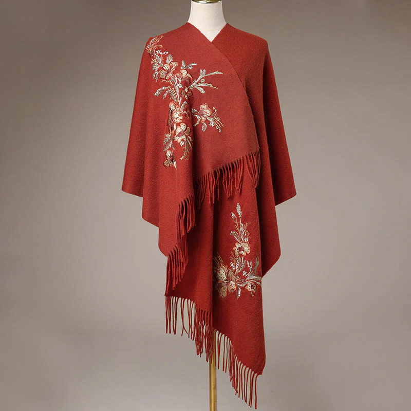 Buddha Stones , fiore rosso, paillettes dorate, ricamo con nappa, sciarpa da viaggio invernale e calda - Image 3