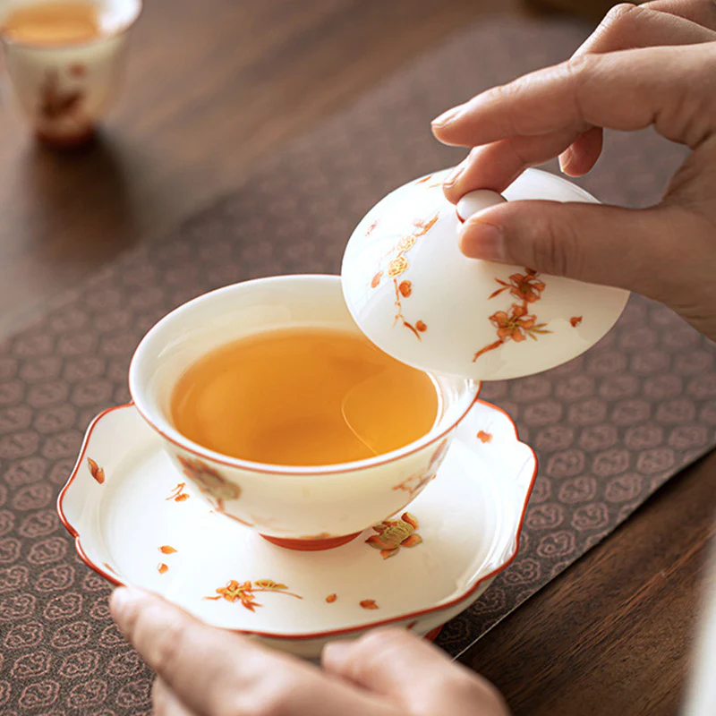Buddha Stones Fiori di porcellana bianca Gaiwan in ceramica Sancai Tazza da tè Kung Fu Tazza da tè e piattino con coperchio - Image 4
