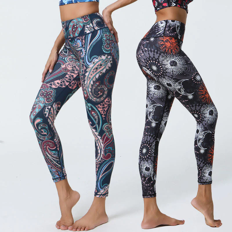 Buddha Stones Fiori Piume Sole Luna Stampa Sport Fitness Yoga Vita Alta Leggings Pantaloni Donna