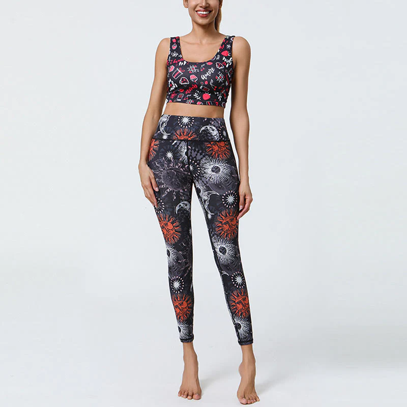 Buddha Stones Fiori Piume Sole Luna Stampa Sport Fitness Yoga Vita Alta Leggings Pantaloni Donna - Image 10