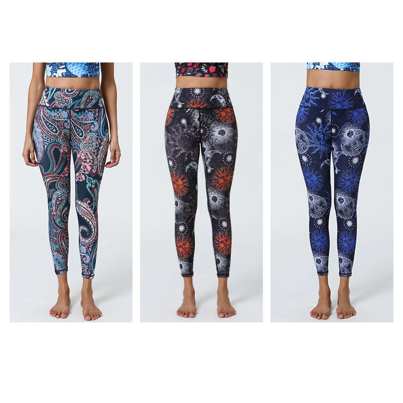 Buddha Stones Fiori Piume Sole Luna Stampa Sport Fitness Yoga Vita Alta Leggings Pantaloni Donna - Image 16