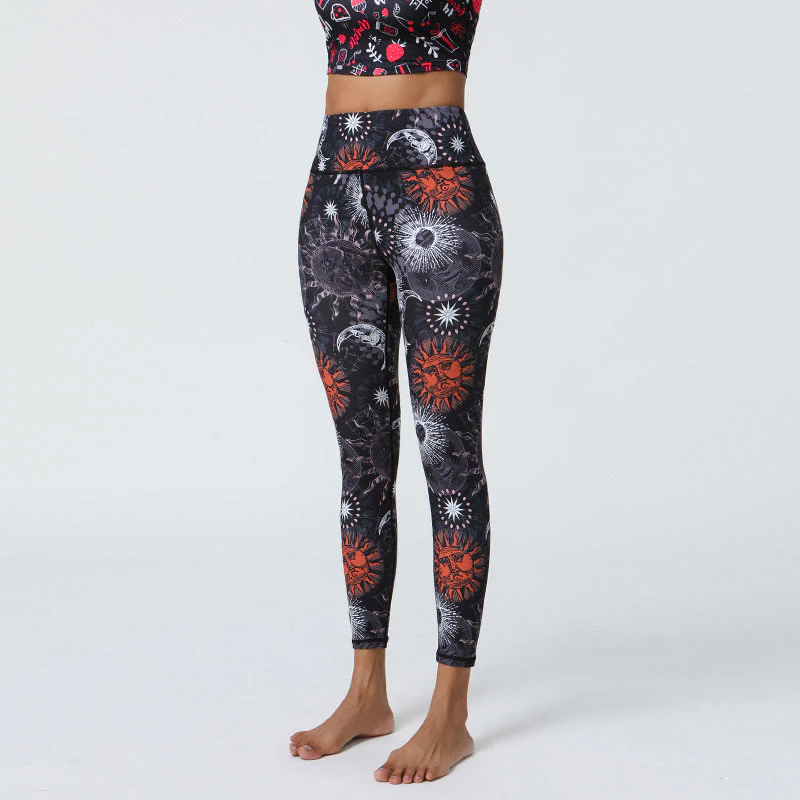 Buddha Stones Fiori Piume Sole Luna Stampa Sport Fitness Yoga Vita Alta Leggings Pantaloni Donna - Image 6