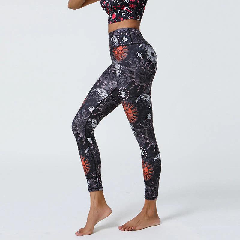Buddha Stones Fiori Piume Sole Luna Stampa Sport Fitness Yoga Vita Alta Leggings Pantaloni Donna - Image 7