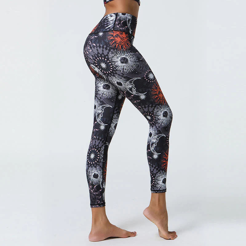 Buddha Stones Fiori Piume Sole Luna Stampa Sport Fitness Yoga Vita Alta Leggings Pantaloni Donna - Image 9