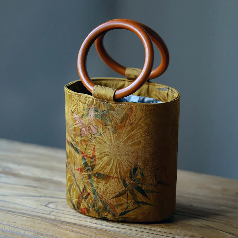 Buddha Stones Foglia di bambù Farfalla Fiore di ciliegio Cachi Manico in legno Borsa a mano