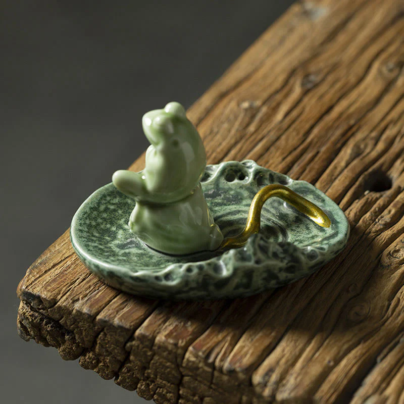 Buddha Stones Foglia Meditazione Rana Modello Guarigione Ceramica Bruciatore Incenso Decorazione - Image 16