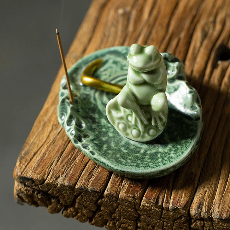 Buddha Stones Foglia Meditazione Rana Modello Guarigione Ceramica Bruciatore Incenso Decorazione - Image 17