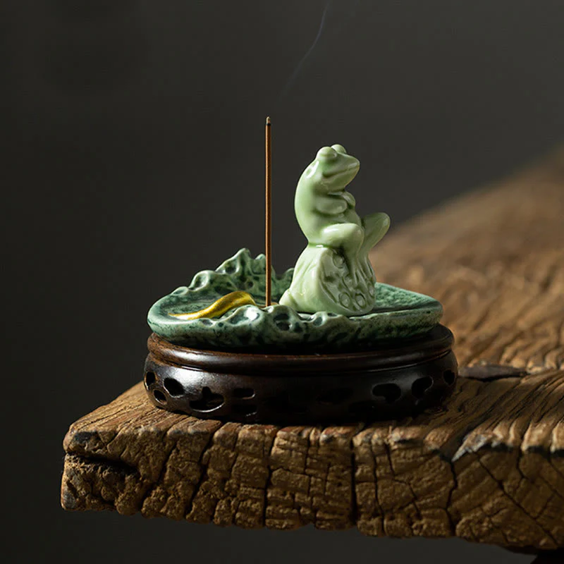 Buddha Stones Foglia Meditazione Rana Modello Guarigione Ceramica Bruciatore Incenso Decorazione - Image 18