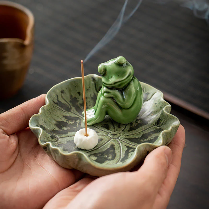 Buddha Stones Foglia Meditazione Rana Modello Guarigione Ceramica Bruciatore Incenso Decorazione - Image 23