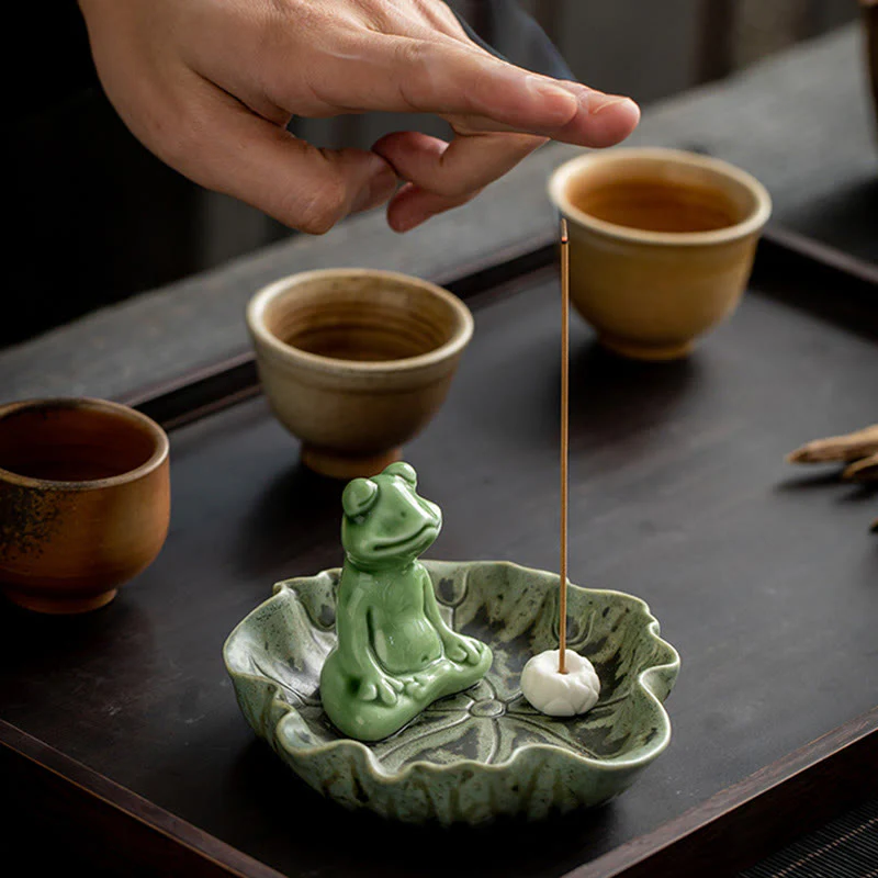 Buddha Stones Foglia Meditazione Rana Modello Guarigione Ceramica Bruciatore Incenso Decorazione - Image 5