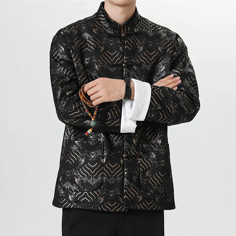 Buddha Stones Frog-Button Cinese Tang Suit Forma d'onda Camicia lunga Uomo Giacca Abbigliamento - Image 2