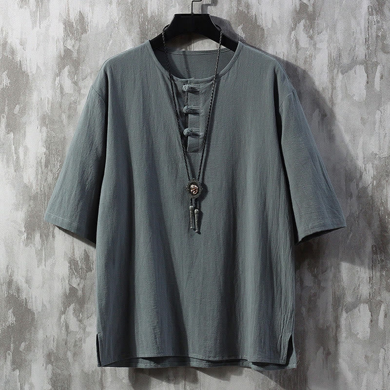 Buddha Stones Frog-Button Tinta Unita Cinese Tang Suit Mezza Manica Camicia Lino Abbigliamento Uomo