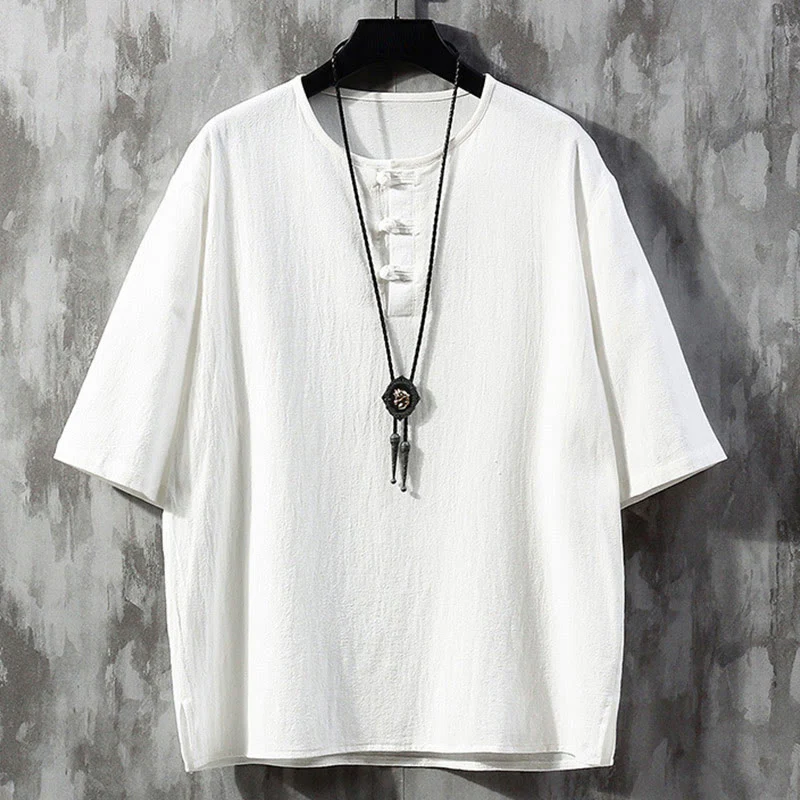 Buddha Stones Frog-Button Tinta Unita Cinese Tang Suit Mezza Manica Camicia Lino Abbigliamento Uomo - Image 2