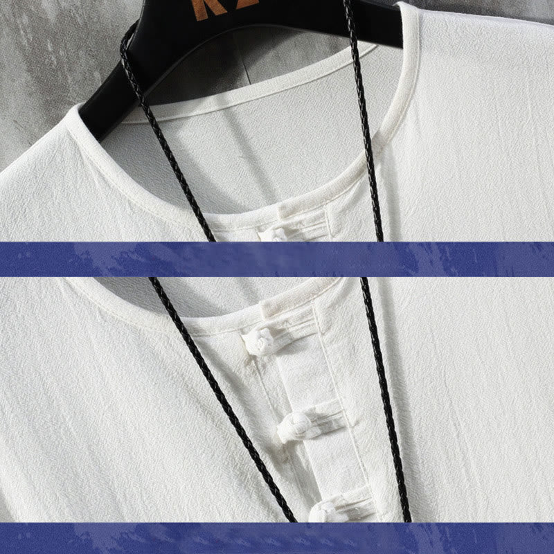 Buddha Stones Frog-Button Tinta Unita Cinese Tang Suit Mezza Manica Camicia Lino Abbigliamento Uomo - Image 3