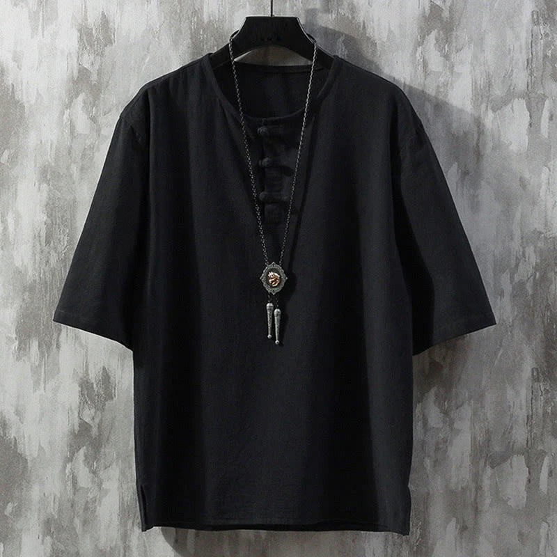 Buddha Stones Frog-Button Tinta Unita Cinese Tang Suit Mezza Manica Camicia Lino Abbigliamento Uomo - Image 5