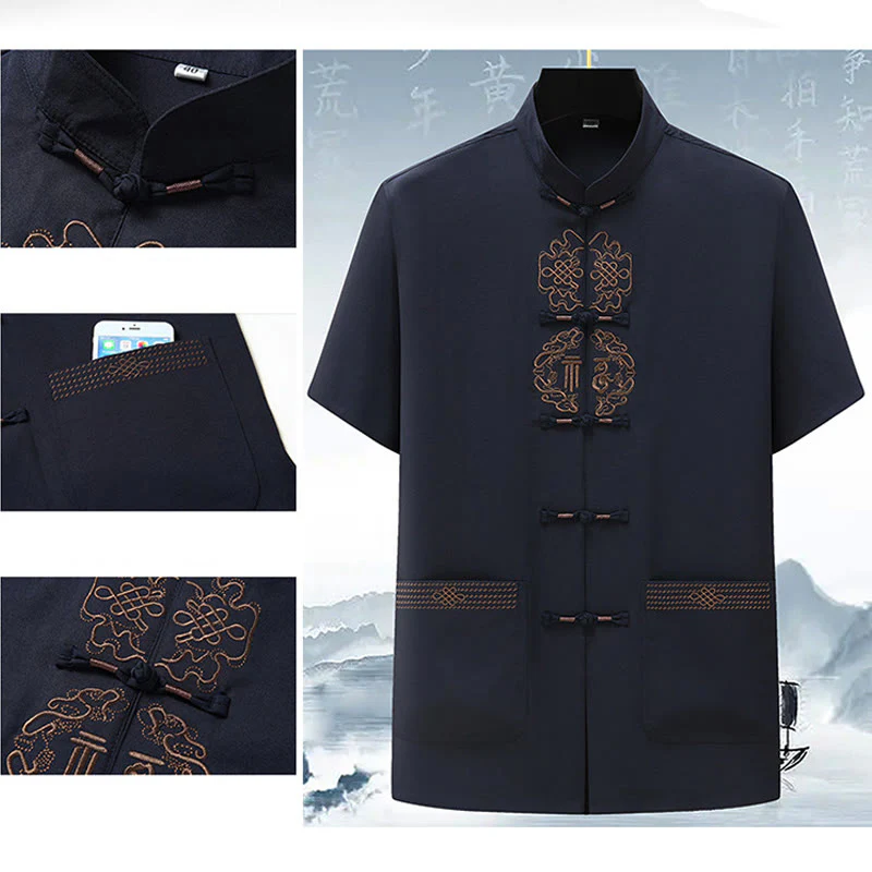 Buddha Stones Fu Carattere Cinese Nodo Ricamo Tang Suit Tradizionale Manica Corta Top Pantaloni Abbigliamento Uomo Set - Image 13