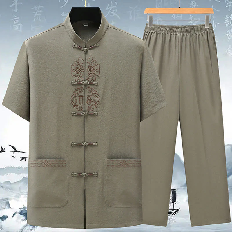 Buddha Stones Fu Carattere Cinese Nodo Ricamo Tang Suit Tradizionale Manica Corta Top Pantaloni Abbigliamento Uomo Set - Image 3