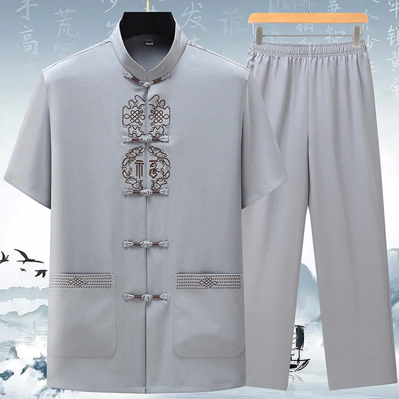 Buddha Stones Fu Carattere Cinese Nodo Ricamo Tang Suit Tradizionale Manica Corta Top Pantaloni Abbigliamento Uomo Set - Image 4