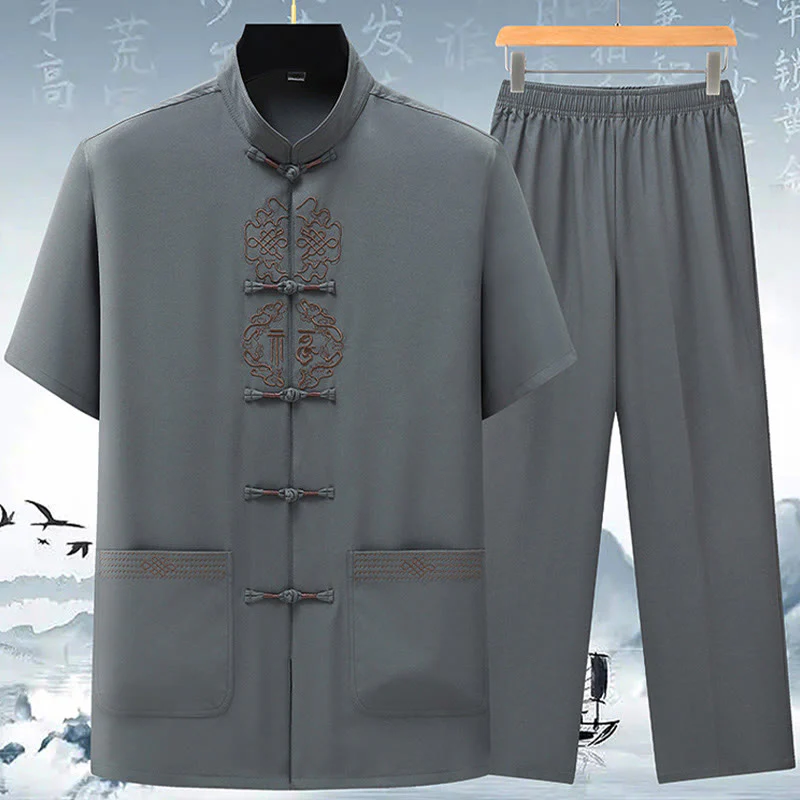 Buddha Stones Fu Carattere Cinese Nodo Ricamo Tang Suit Tradizionale Manica Corta Top Pantaloni Abbigliamento Uomo Set - Image 6