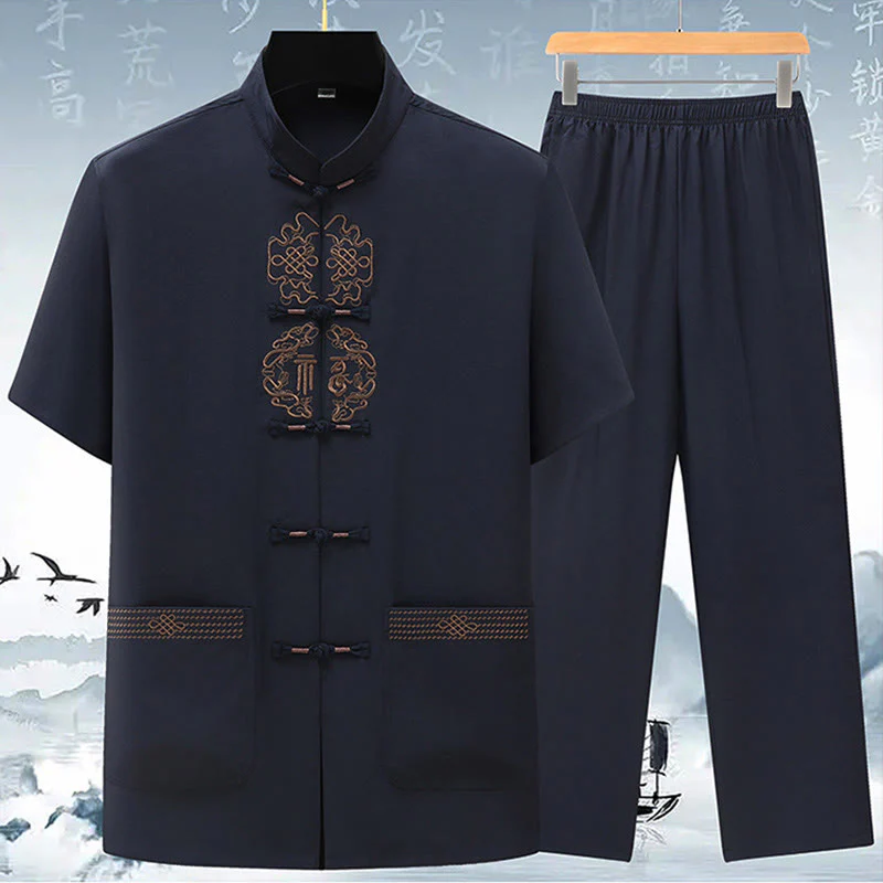Buddha Stones Fu Carattere Cinese Nodo Ricamo Tang Suit Tradizionale Manica Corta Top Pantaloni Abbigliamento Uomo Set - Image 7