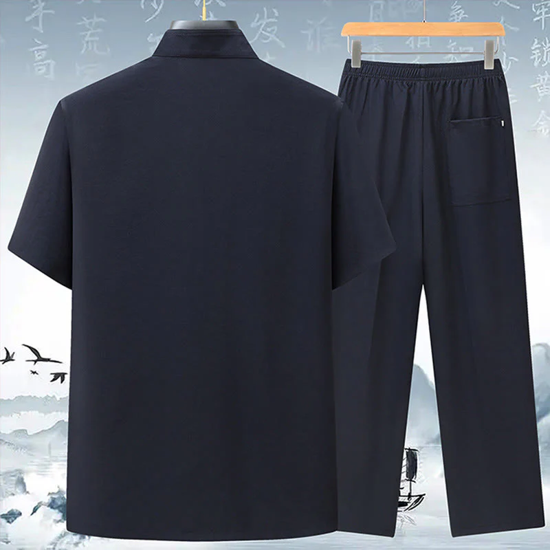 Buddha Stones Fu Carattere Cinese Nodo Ricamo Tang Suit Tradizionale Manica Corta Top Pantaloni Abbigliamento Uomo Set - Image 8